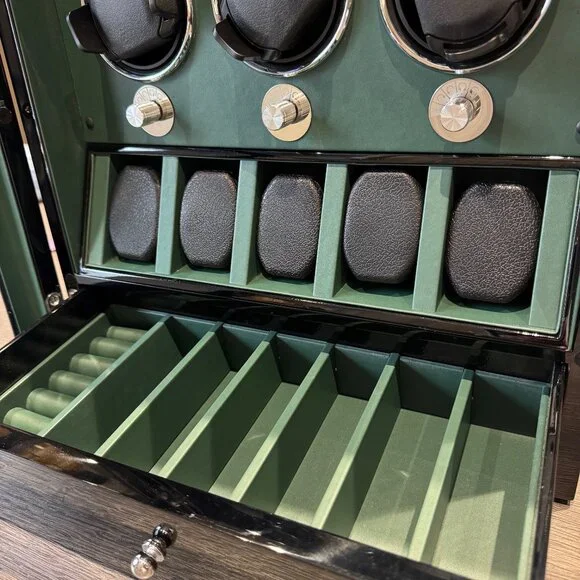 Luxury Multi-Function 6 Piece Watch Winder with Storage Drawer in Glossy Black
